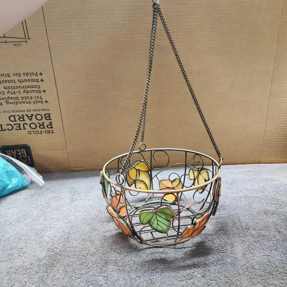 Hanging fruit basket metal with colorful leaves V